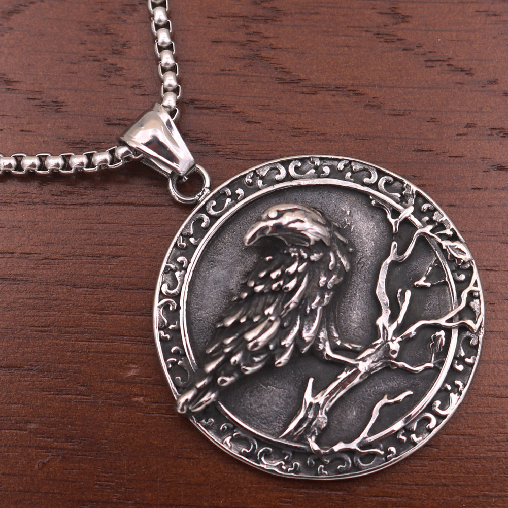 Viking Crow Compass Rune Necklace with Titanium Steel Pendant - Premium Quality Men's Jewelry