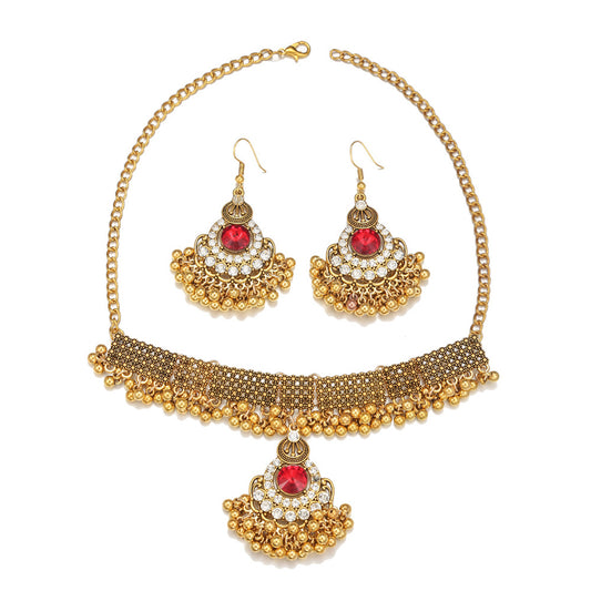 Tassel Gem Pearl Necklace and Earrings Set - Savanna Rhythms