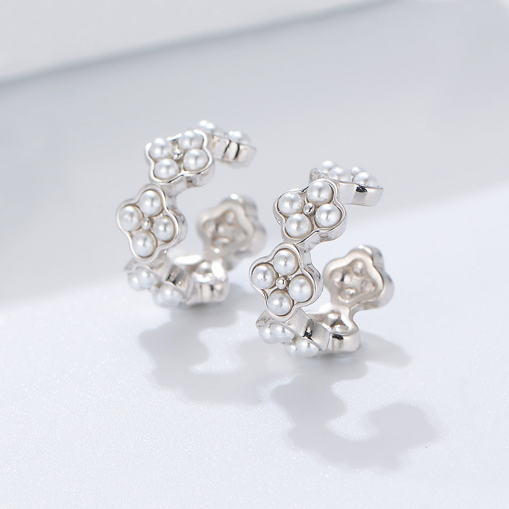 S925 Sterling Silver Geometric Pearl Earrings Ear Buckles