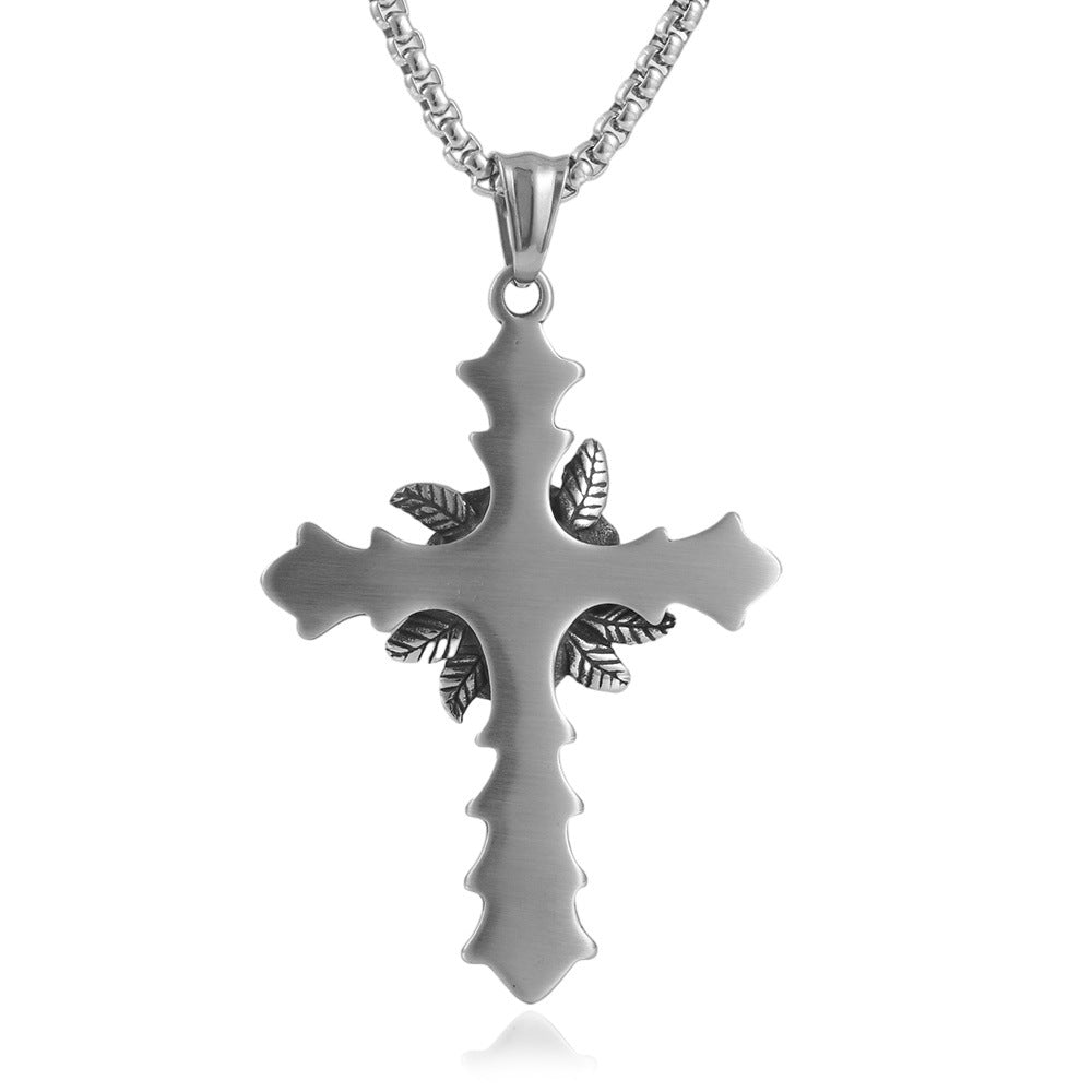 Titanium Steel Cross Pendant Necklace for Men - Trendy Punk Style with Floral Design