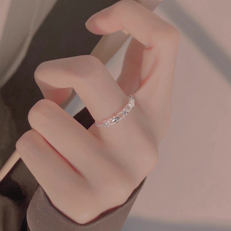 Planderful Sterling Silver Four Leaf Clover Ring For Women Adjustable Open Band Elegant Jewelry