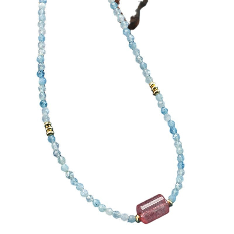 Aquamarine Strawberry Quartz Crystal Necklace