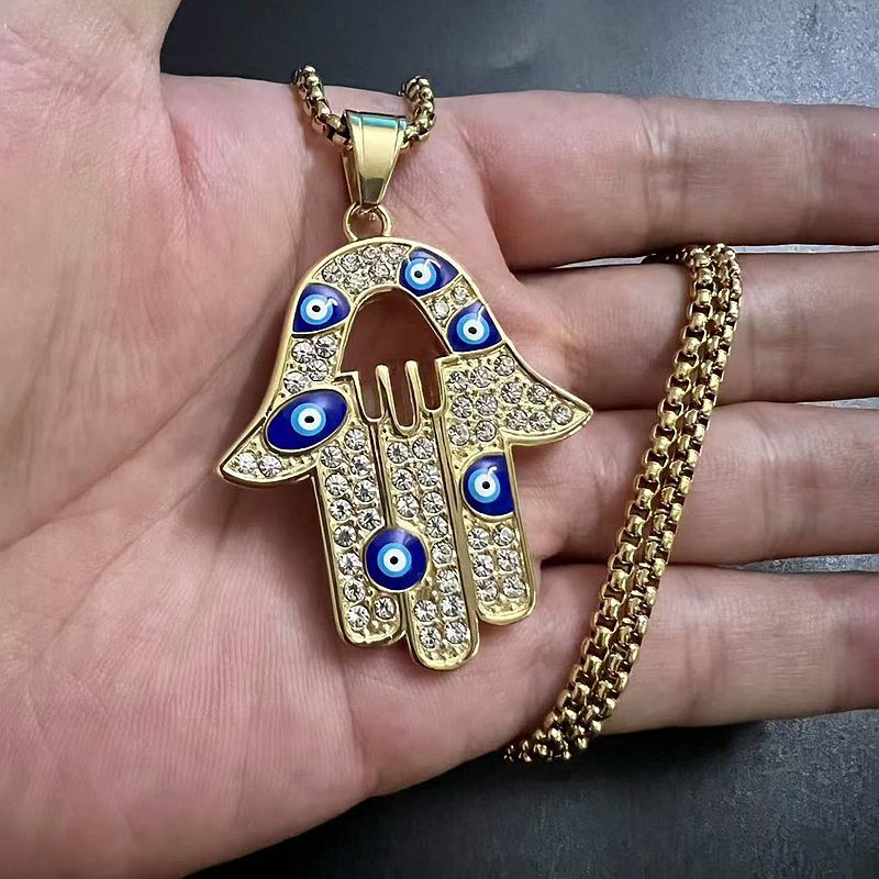 Planderful Everyday Genie Unisex Hamsa Fatima Evil Eye Necklace Hip Hop Style Titanium Steel Gold Plated Zircon Pendant