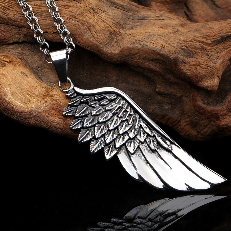 Titanium Steel Feather Pendant with Angel Wings for Men – European and American Fashion Design