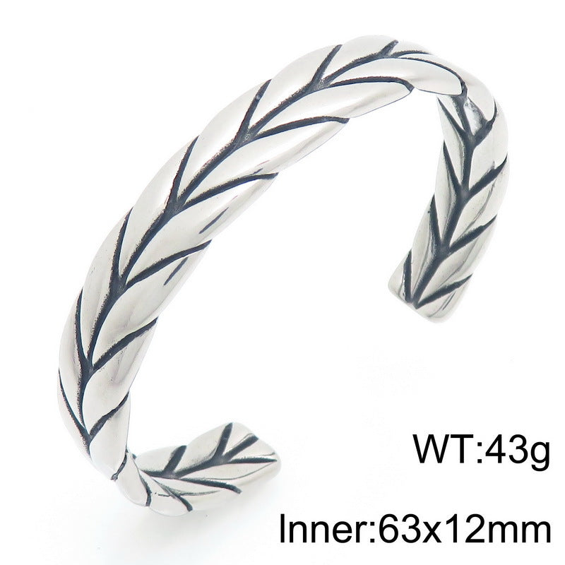 Antique Leaf Pattern C-Shaped Bracelet – Punk Style Leaf Pattern Twist Woven Stainless Steel
