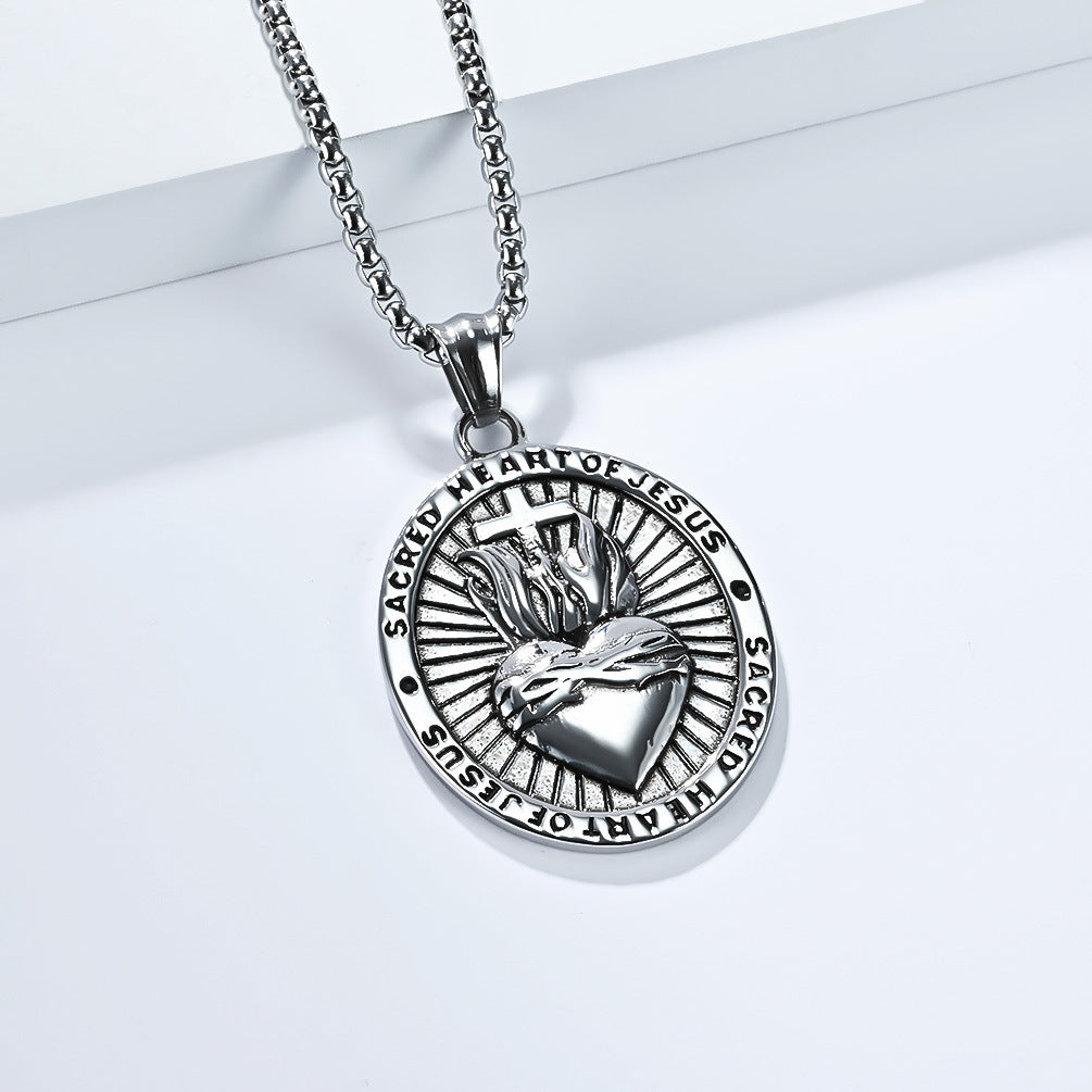 Planderful Sacred Heart Cross Titanium Steel Necklace For Men Retro European American Symbol Body Protection Jewelry