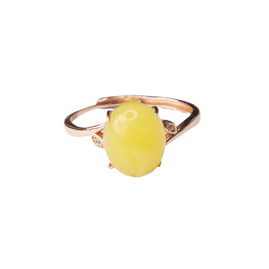 Zircon Leaf Sterling Silver Beeswax Amber Ring with Adjustable Diameter
