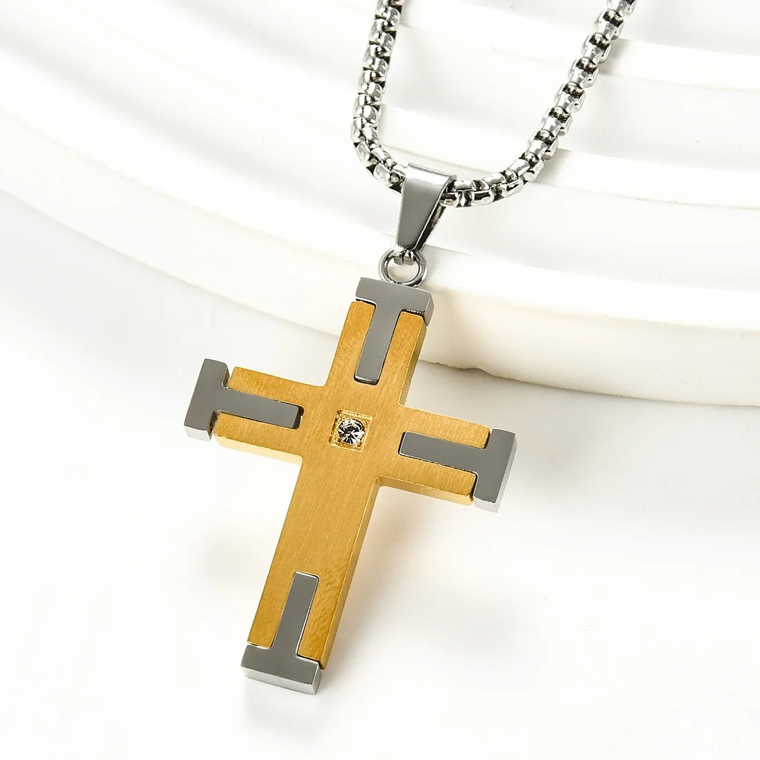 1. Planderful Titanium Steel Two Tone Cross Pendant Necklace Unisex Gift Jewelry Collection