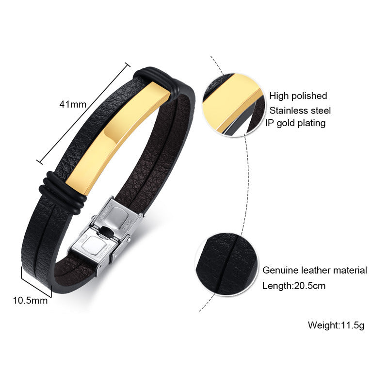 AliExpress Amazon Hot-Selling Black Stainless Steel Men's Bracelet Double Leather Bracelet Spot for Men