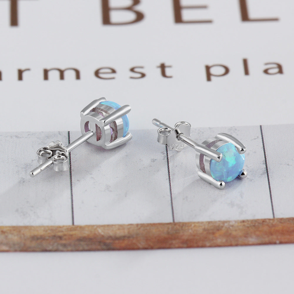 Planderful Jewelry Blue Opal Stud Earrings Sterling Silver