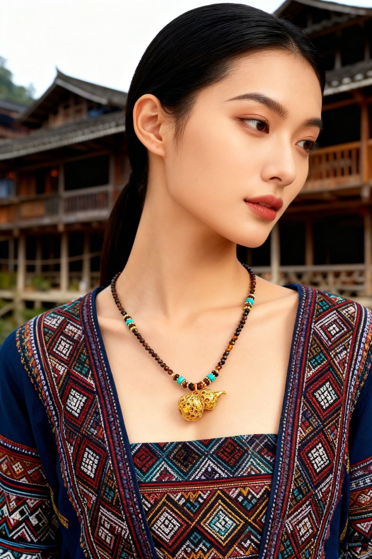 Tiger Eye & Turquoise Elephant Gourd Necklace
