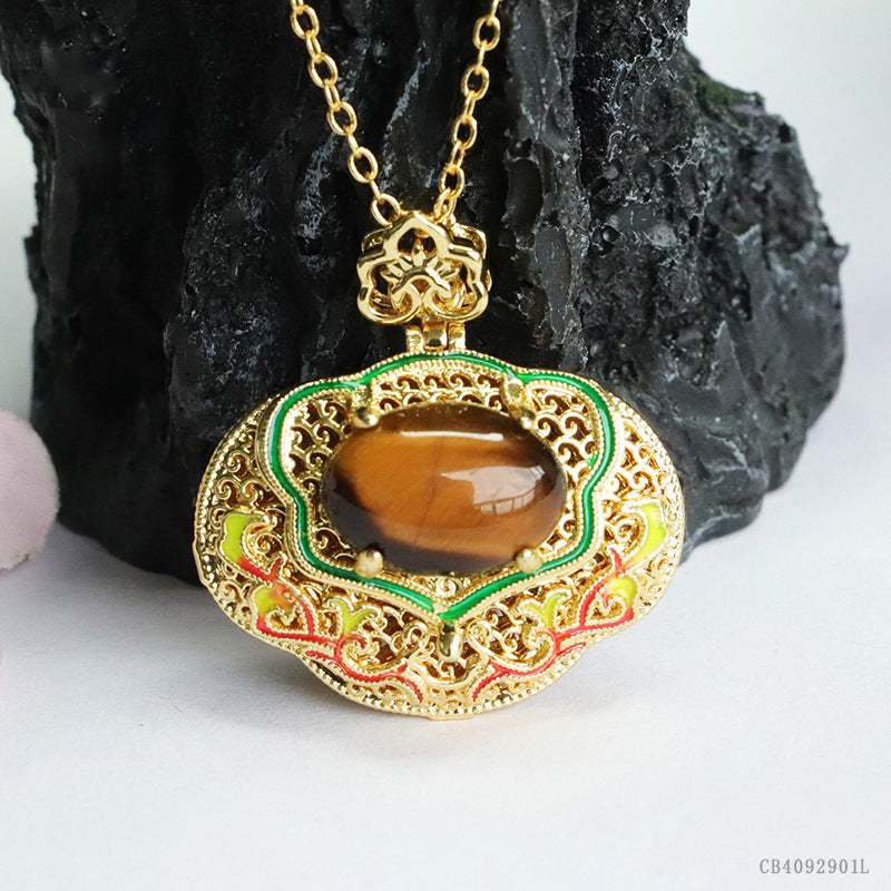 Yellow Tiger Eye Enamel Ruyi Pendant — No Chain
