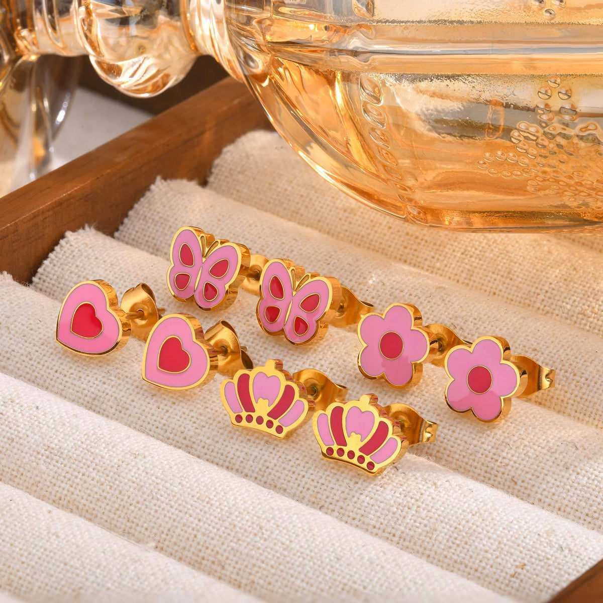Pink Enamel Character Stud Earrings — Multiple Styles