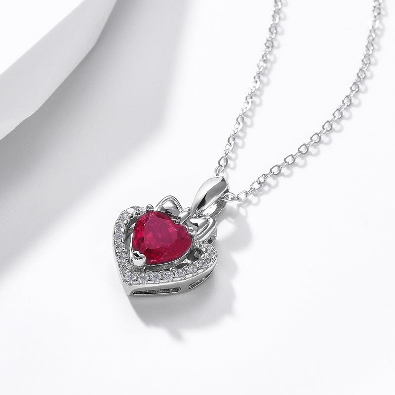 S925 Sterling Silver Gold-Plated Lab-Grown Ruby Heart Pendant Necklace