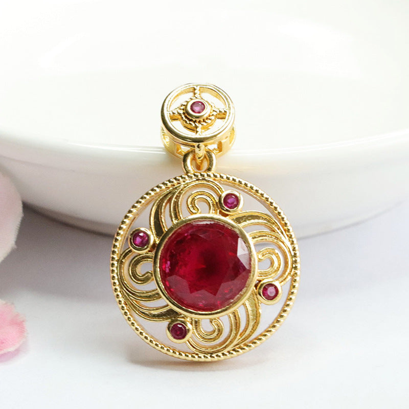 Lab-Grown Ruby Patterned Round Pendant — No Chain