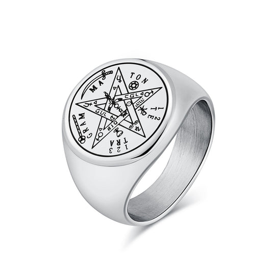 Hebrew Four-Letter Pentagram Titanium Steel Ring for Men