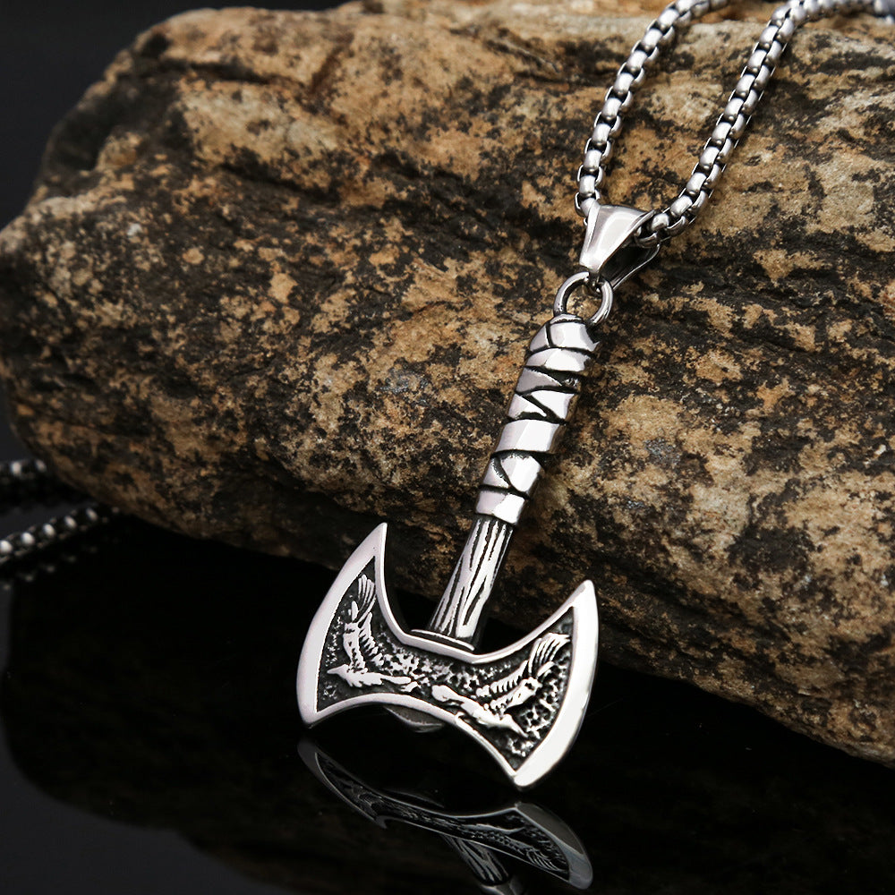 Nordic Viking Raven Axe Titanium Steel Pendant Necklace