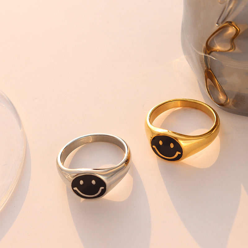 Korean Geometric Gold-Plated Smiley Face Ring with Titanium Steel - Women's Fashion Jewelry