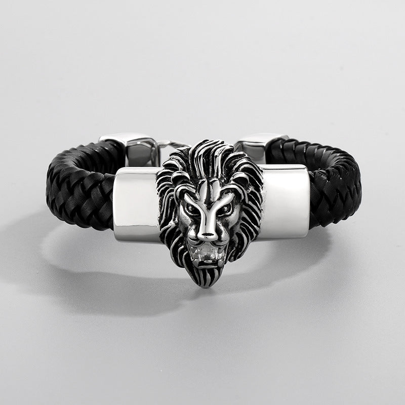 Two-Layer Leather Woven Bracelet – Casting Lion Head Snake Head Ghost Head Titanium