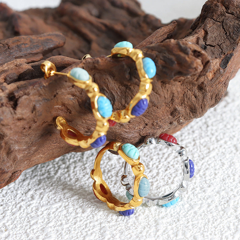 Retro Gold-Plated Titanium Steel Earrings and Ring Set for Women