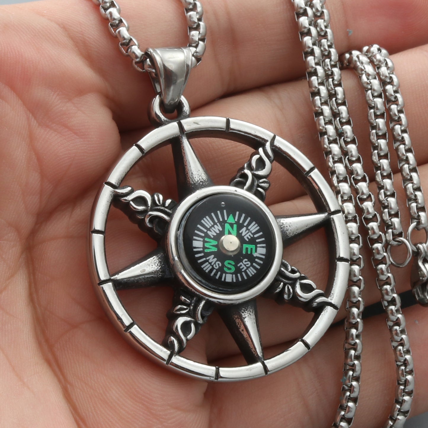 European And American Titanium Steel Compass Pendant Necklace