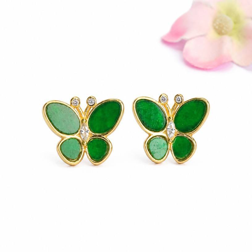 Green Jadeite Butterfly 925 Silver Stud Earrings