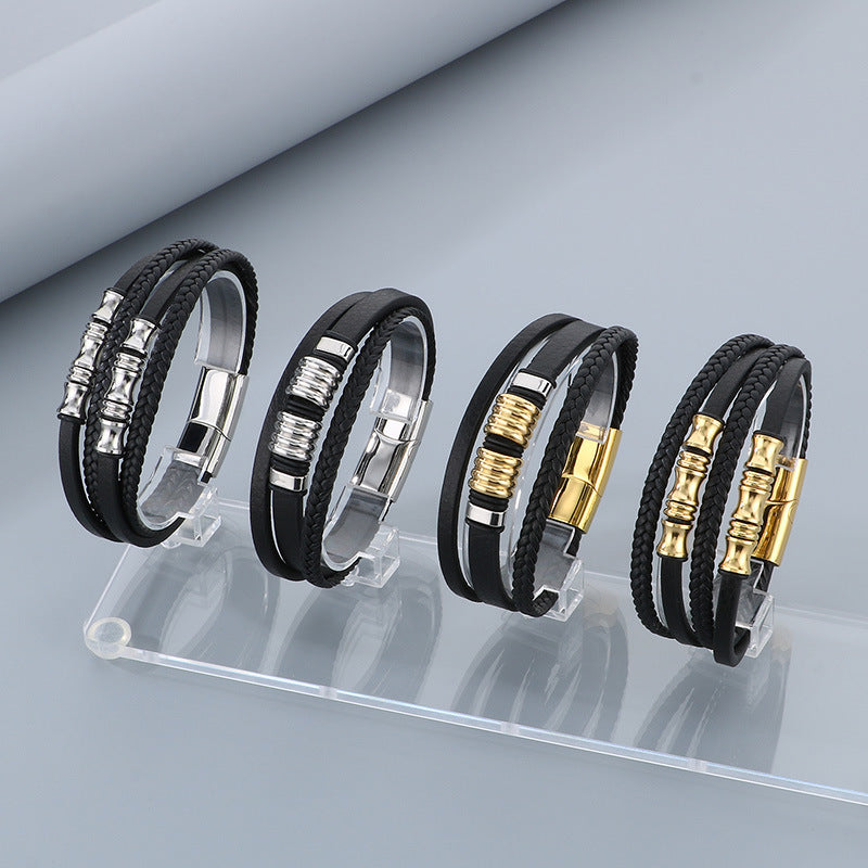 Planderful Leather Bracelet For Men Magnetic Buckle Everyday