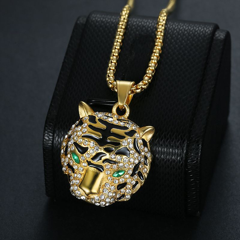 Titanium Steel Necklace – Luxury Gold-Plated Rhinestone Tiger Head Pendant For Everyday Hip Hop Style