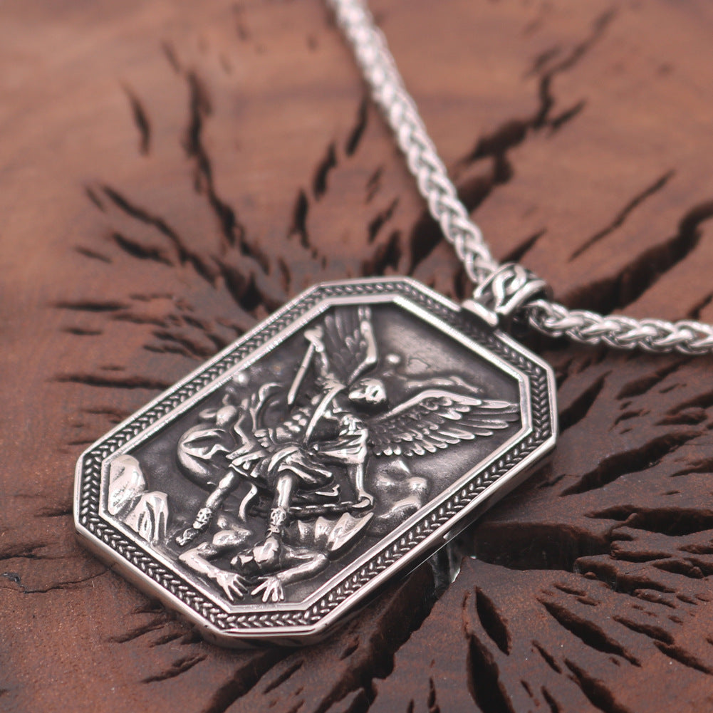 Mythical Angel Shield Pendant Necklace with Norse Runes Stainless Steel Chain