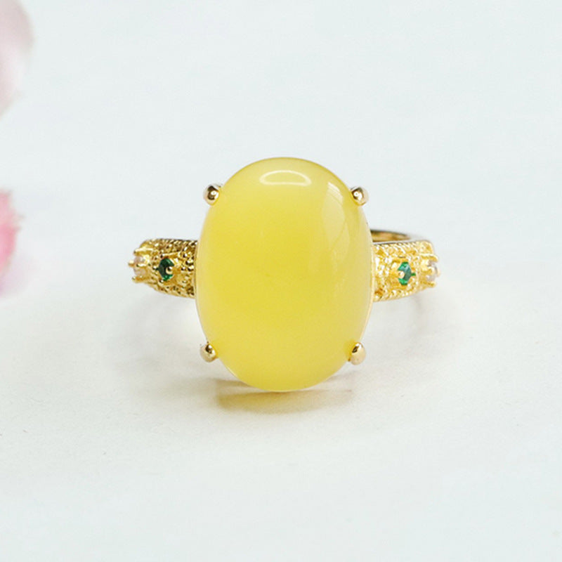 Regal Palace Style Beeswax Amber Ring with Green Zircon - Sterling Silver