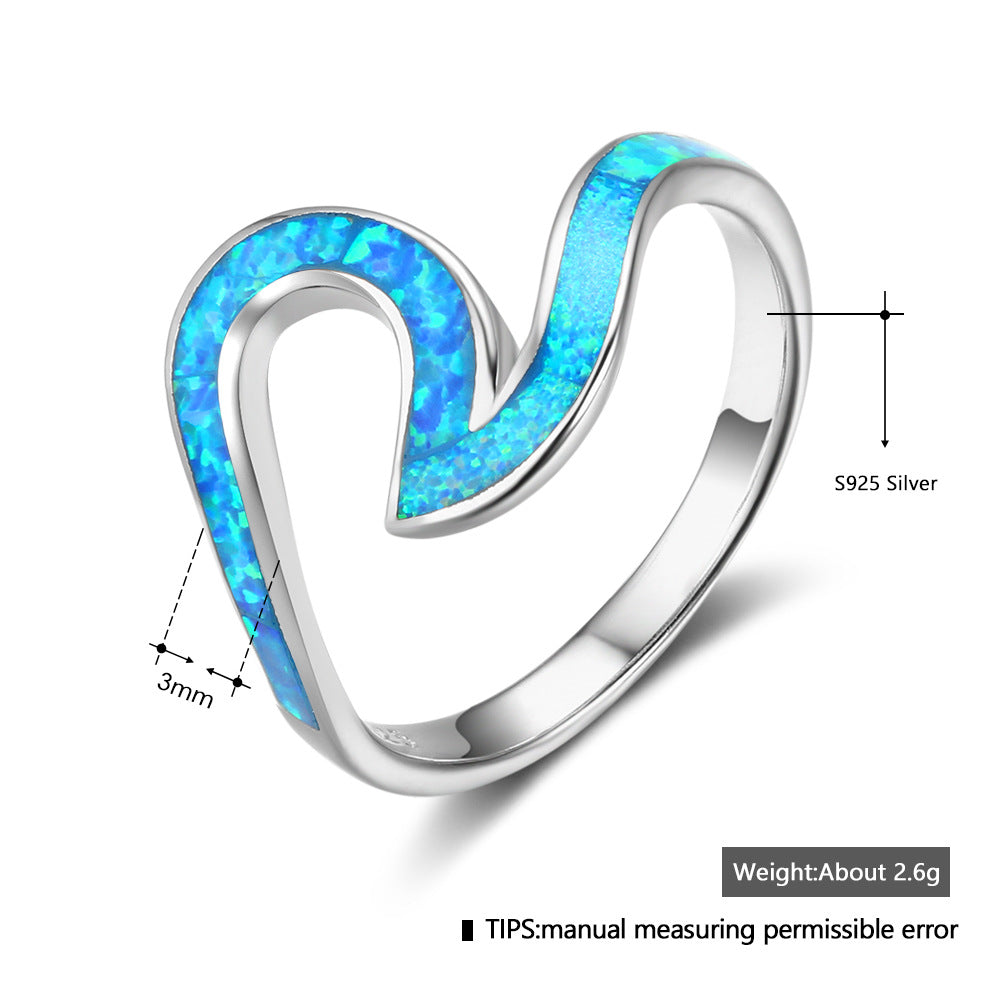 Planderful Jewelry Sterling Silver Opal Ring Blue Geometric Design For Women Collection