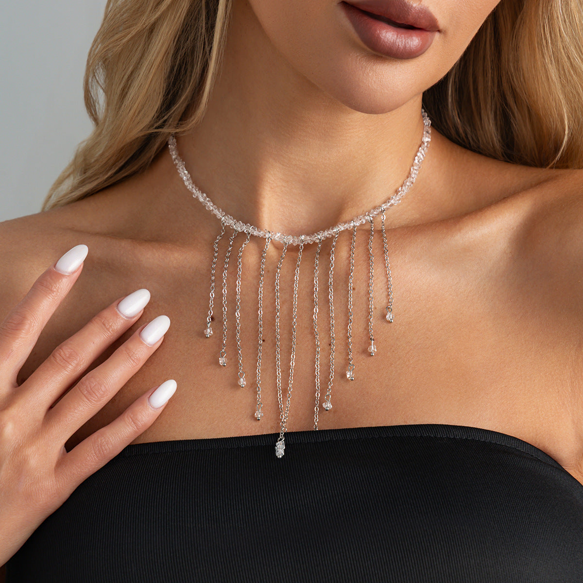 Crystal-Style Irregular Bead Fringe Necklace