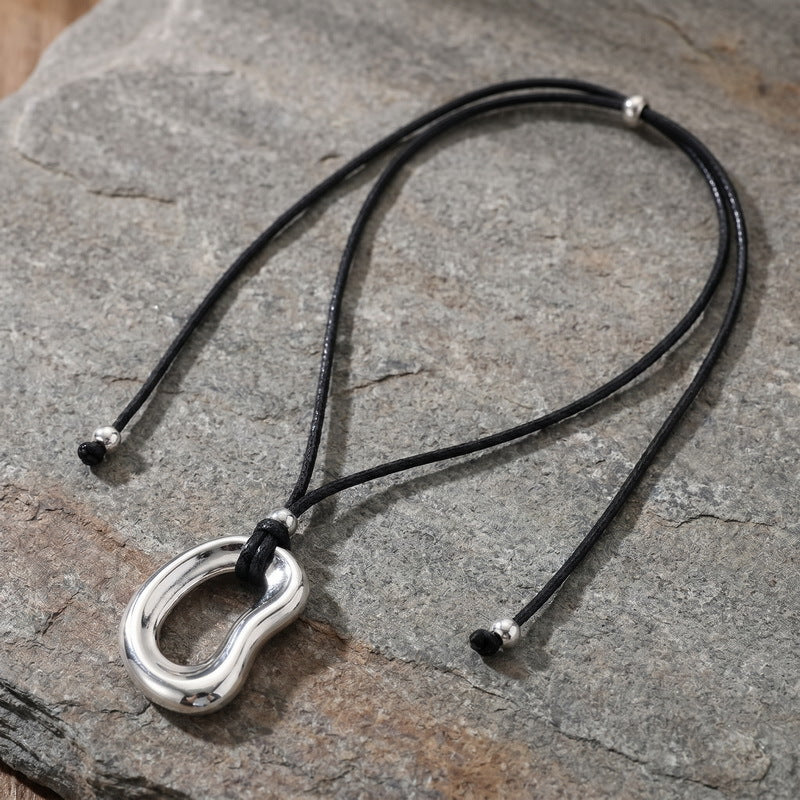 Minimalist Trend Versatile Irregular O-Shaped Pendant Adjustable Black Wax Rope Stainless Steel Men's Necklace