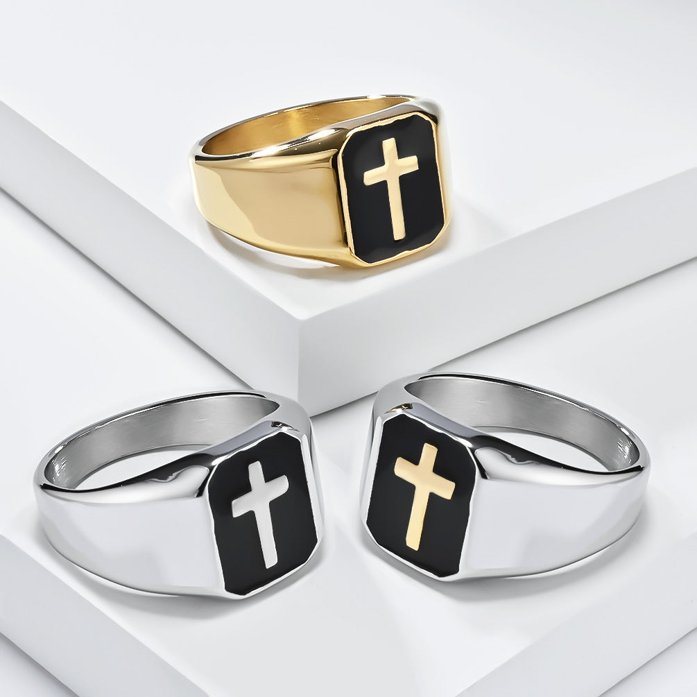 Steel Ring - Statement Punk Hip Hop Seal Cross Design Oil Drop Mens Fashion Ring Planderful