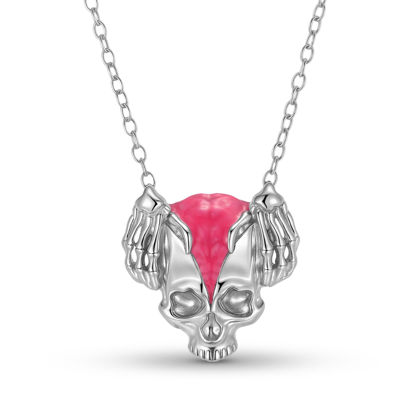 Planderful Jewelry Skull Pendant Necklace In Sterling Silver With Pink Epoxy Detailing