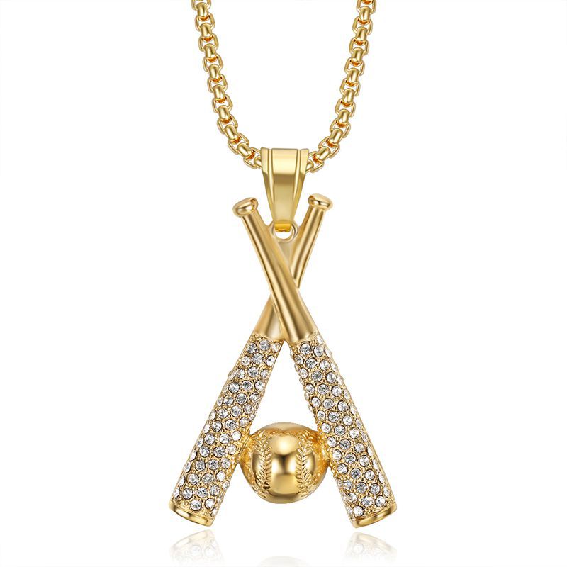 Hip Hop Jewelry Baseball Pendant Necklace Stainless Steel Gold Plated Zircon Planderful Everyday Genie
