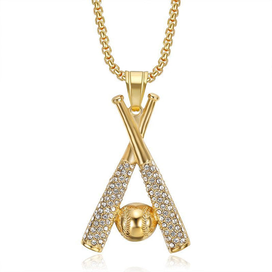 Hip Hop Jewelry Baseball Pendant Necklace Stainless Steel Gold Plated Zircon Planderful Everyday Genie