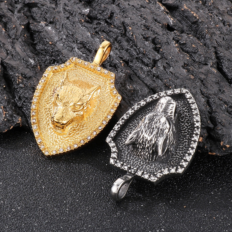 Retro Classic Hip-Hop Lion Head Shield Pendant with Zircon-Encrusted Wolf Head in Stainless Steel for Men