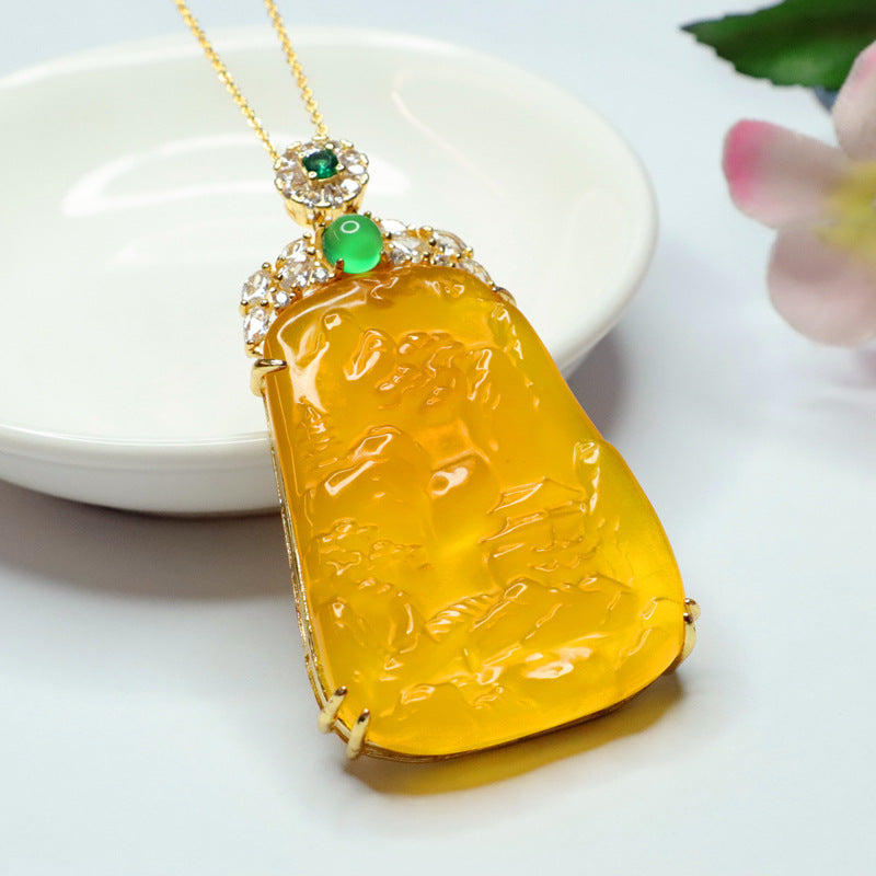 Golden Landscape Chalcedony Zircon Necklace with Sterling Silver