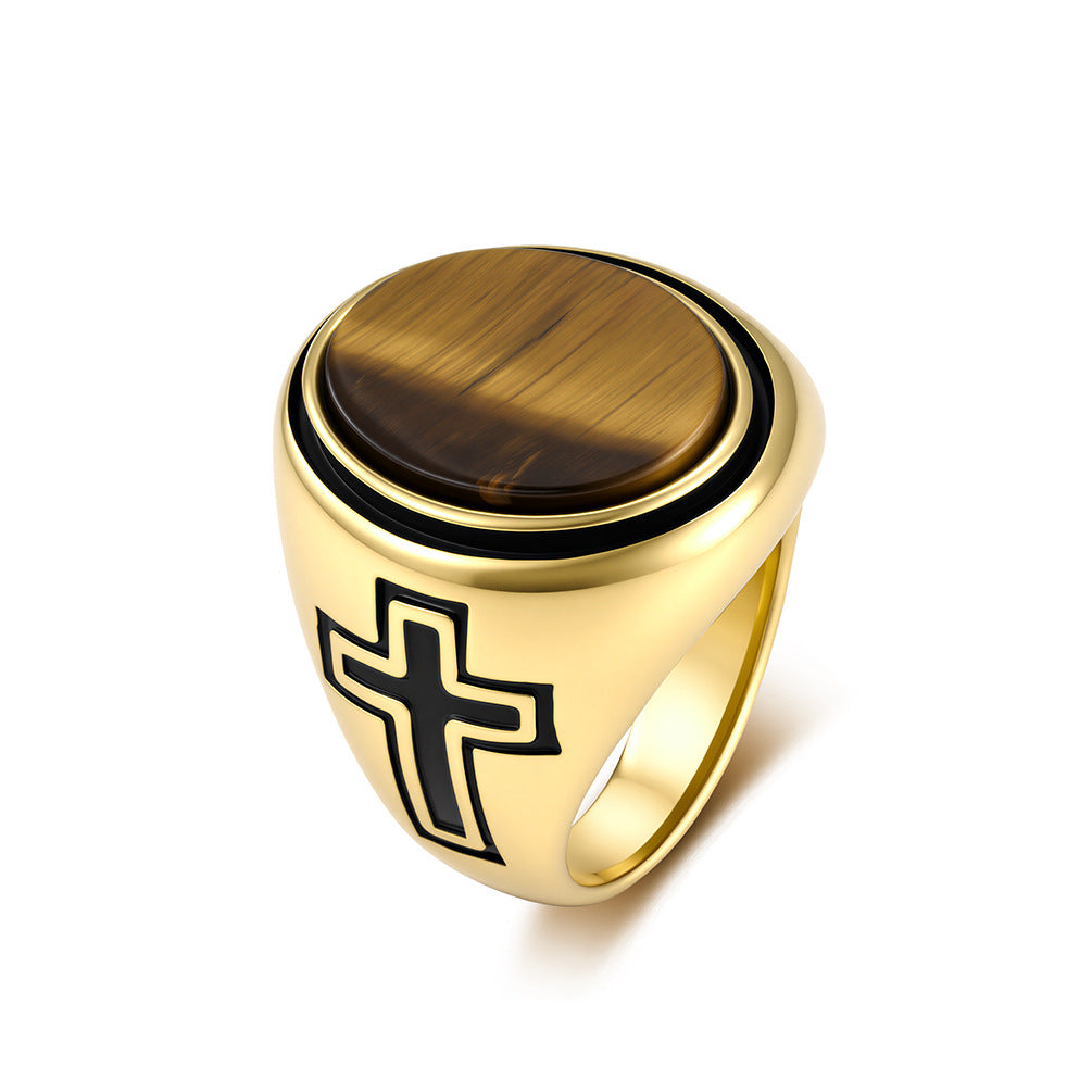 Cross Tiger's Eye Black Gemstone Stainless Steel Ring for Men