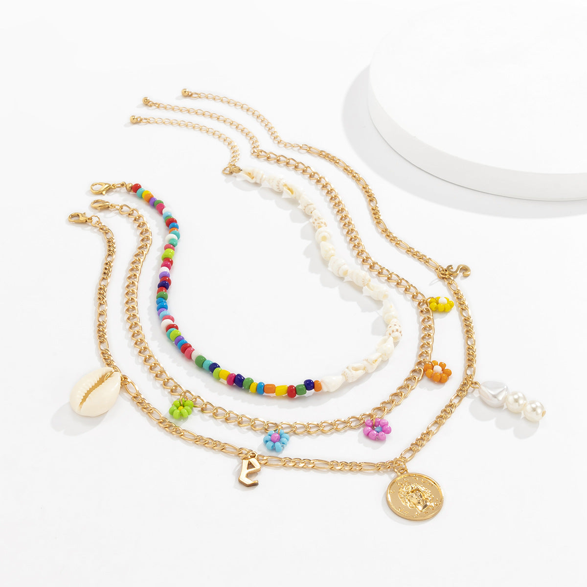 Planderful Vienna Verve Asymmetric Ocean Shell Daisy Fringed Necklace For Women Beaded Statement Necklace
