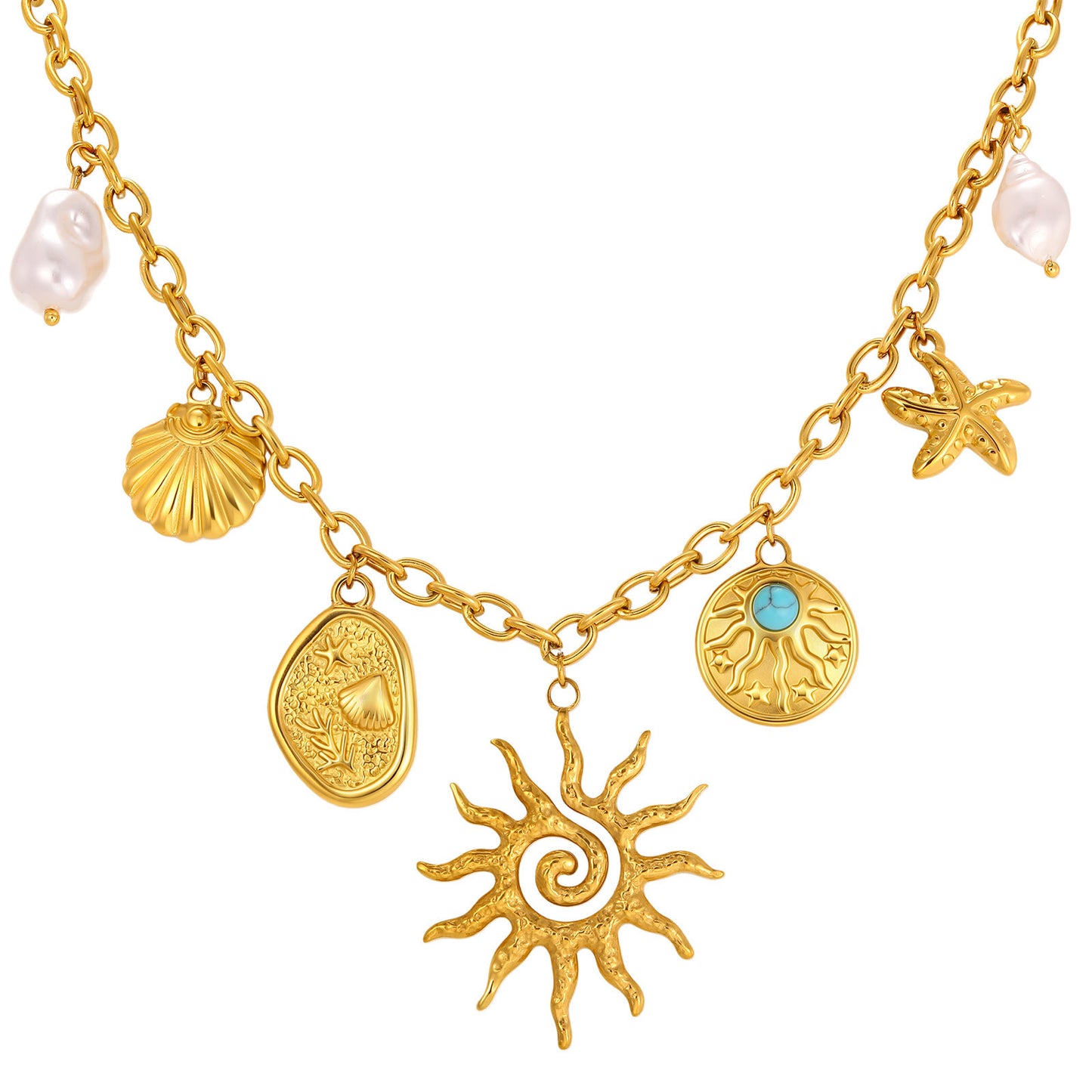 Stainless Steel Necklace Diy Ocean Wind Flower Imitation Pearl Necklace Gold