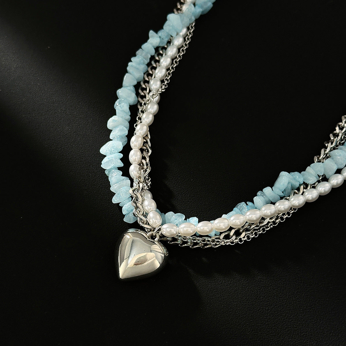 Blue Stone Pearl Heart Wrap Necklace