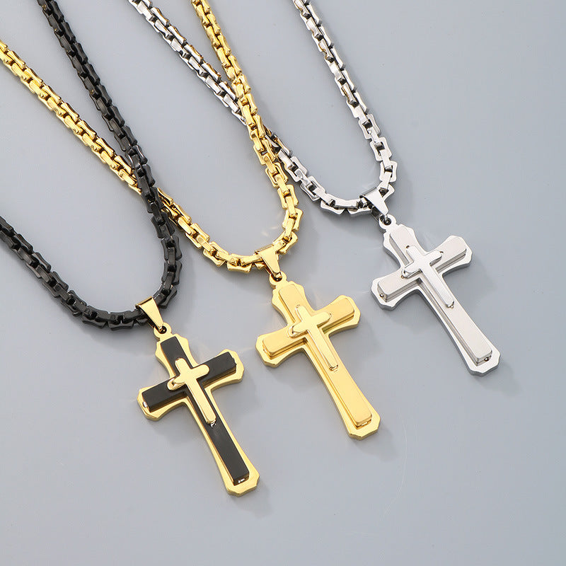 Planderful Men Cross Necklace Bamboo ThreeLayer Titanium
