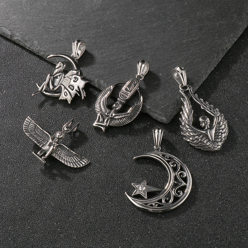 Planderful Retro Mens Titanium Steel Necklace Wings Pendant