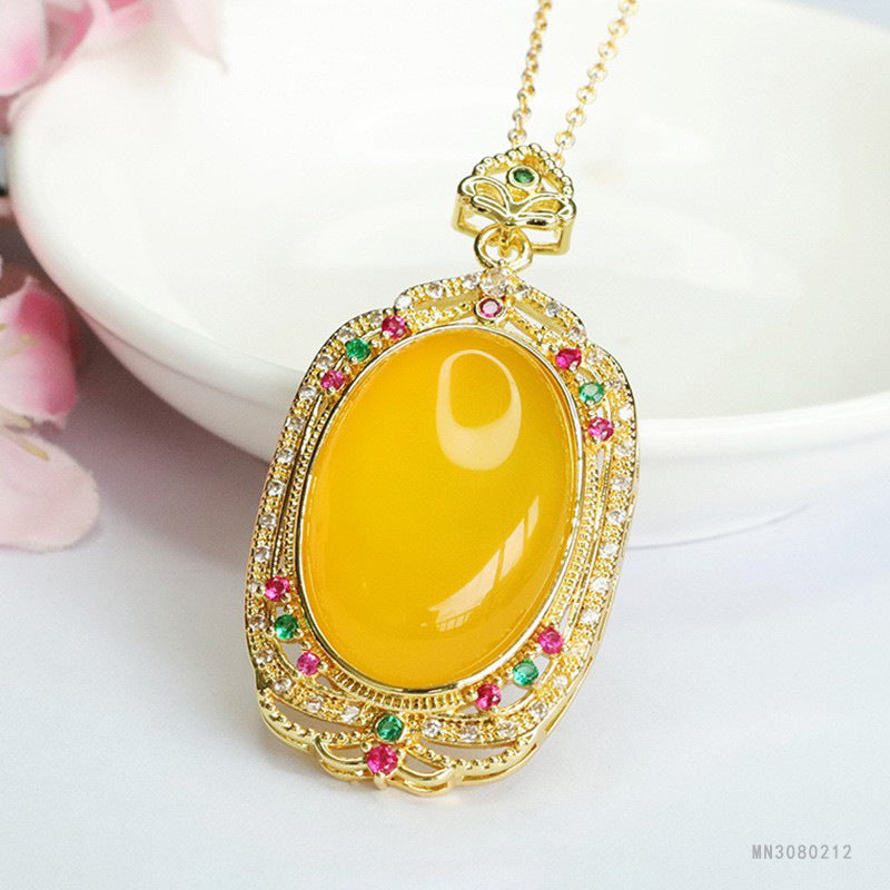 Yellow Chalcedony Vintage Oval Pendant — No Chain