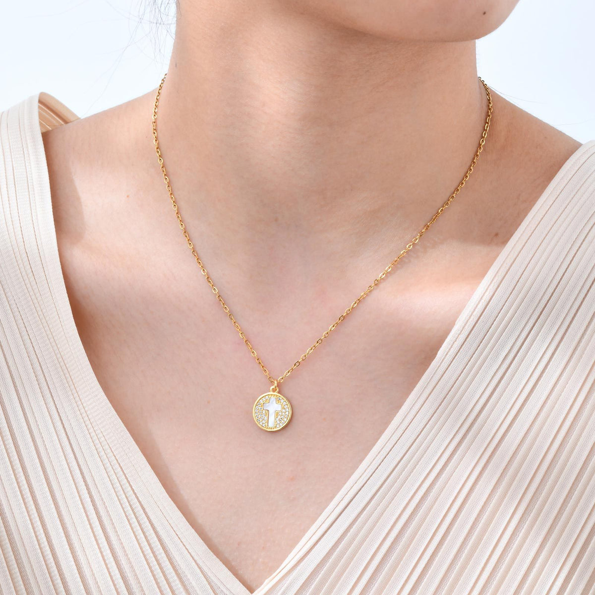 Cross Shell Pearl Zircon Copper Necklace