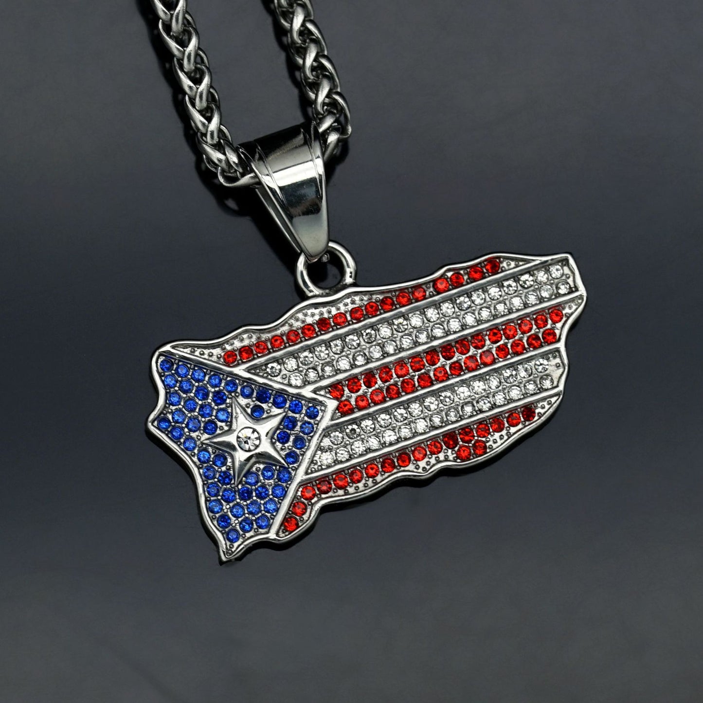 Planderful Hip Hop Puerto Rican Flag Pendant Necklace Stainless Steel Zircon Diamonds Unisex Statement