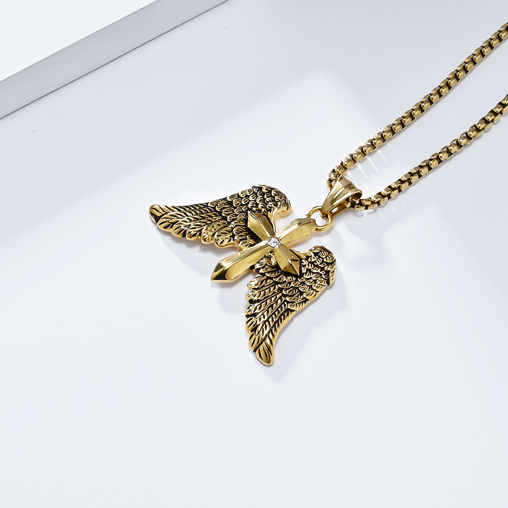 Cross-Border Vintage Archangel Double Wings Cross Necklace