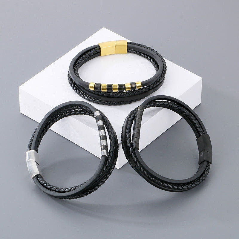 Stainless Steel Black Gold Beaded Leather Cord Bracelet – Multi-Layer Woven Magnetic